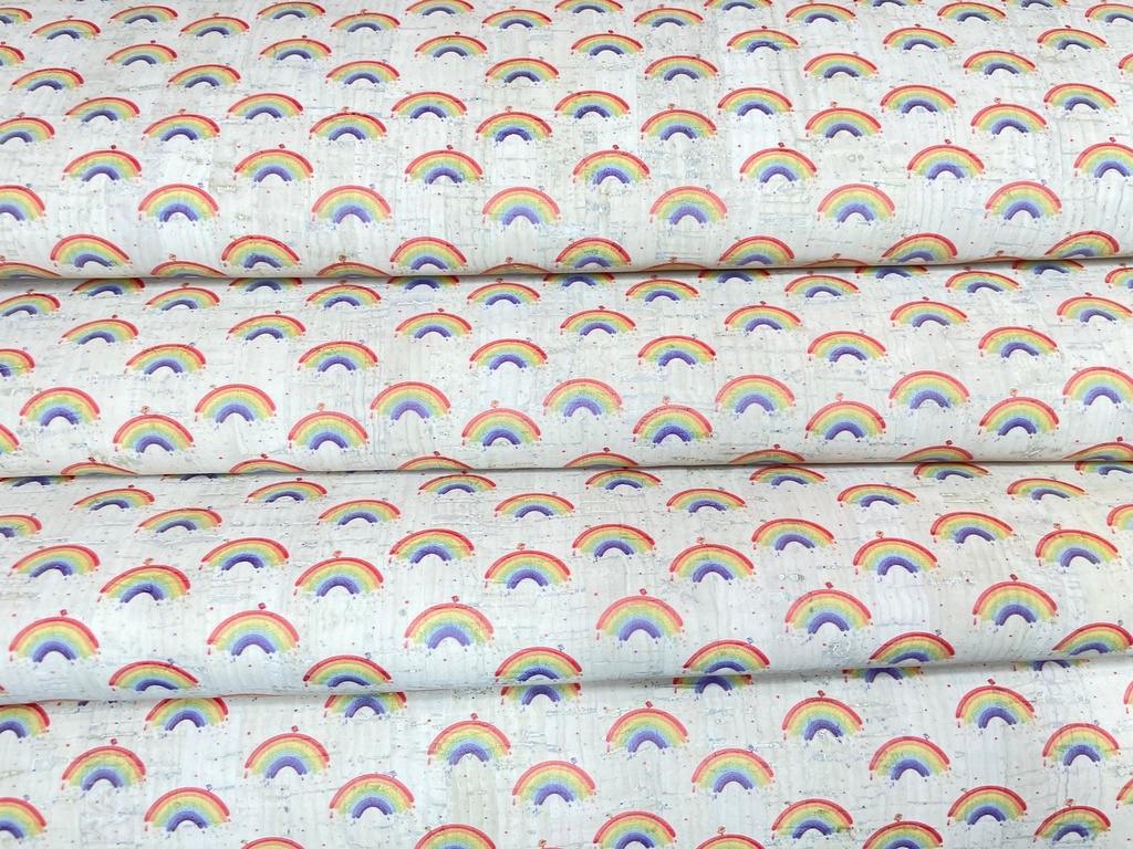 Cork Fabric - Rainbows on White