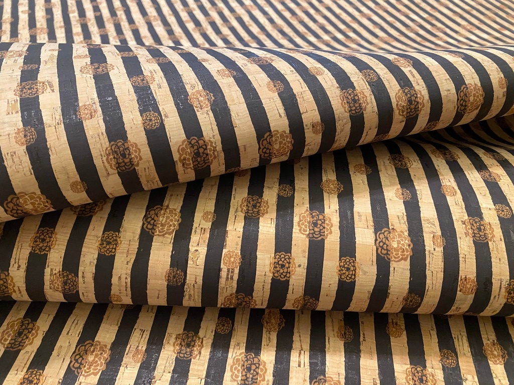 Cork Fabric - Black Stripe with Floral Detail on Natural