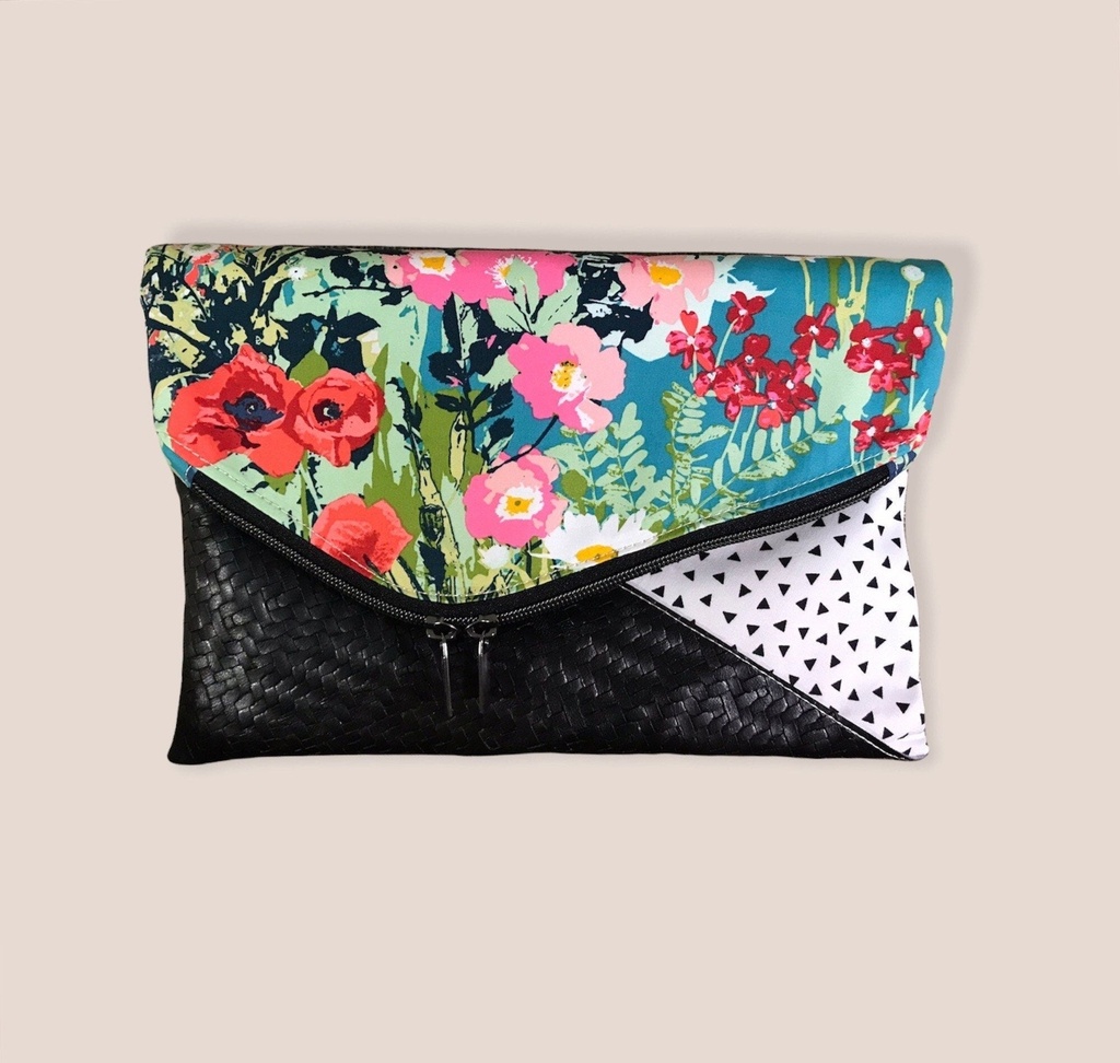 Faux Leather Clutch - Black Vinyl with Floral Cotton Print Fabric