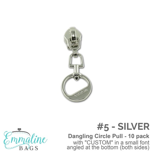 [HRD6059I] Zipper Slides - Silver Dangling Circle Pull with "Custom" Size #5 - 10 Pack